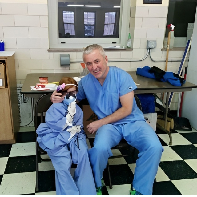 Dental professional in blue scrubs holds puppet in treatment room at Lockport Dental Group.