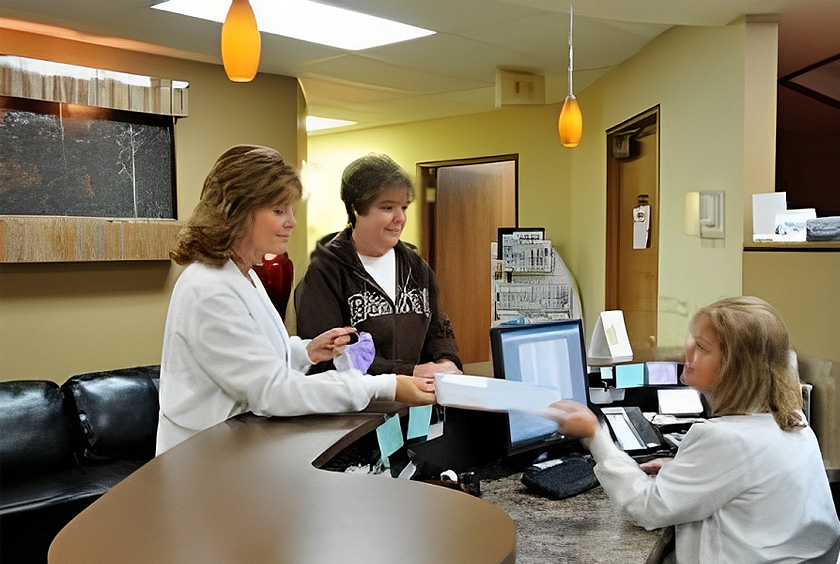 Two patients receiving documents from receptionist at Lockport Dental Group front desk.