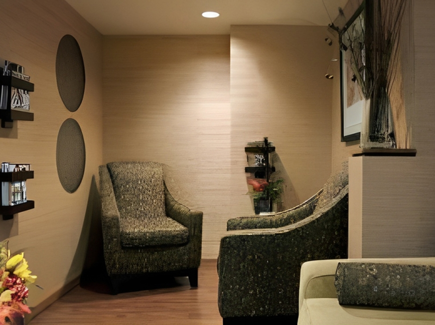 Modern dental office waiting room with upholstered chairs, warm lighting, and contemporary décor.