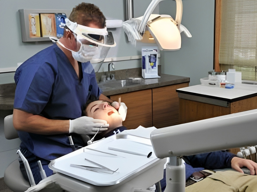 Dentist examining patient in clinical operatory with surgical loupes and overhead lighting.