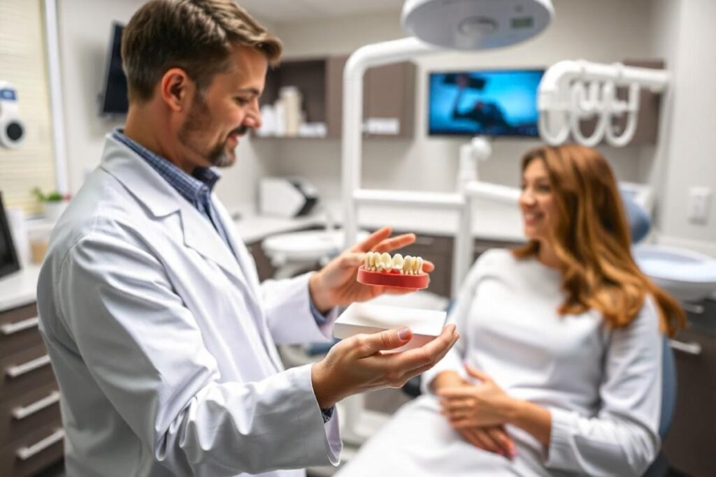 Dental office with a dentist explaining a dental bridge to a patient