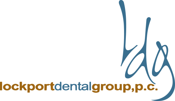 Lockport Dental Group logo featuring stylized tooth design with company name in blue and gold text.