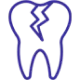 Cracked tooth icon in blue outline representing dental damage and restorative dentistry services.